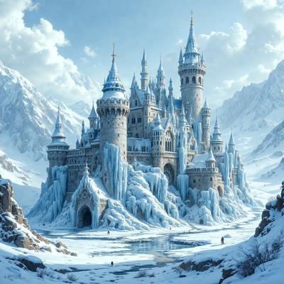 Primary subject: A large, frozen castle with a moat and a bridge.

Setting/background: The castle is situated in a snowy landscape, surrounded by mountains.

Visual style: The image is a digital art illustration.

Colors and mood: The scene is predominantly white, with the frozen castle and snowy landscape creating a cold and icy atmosphere.